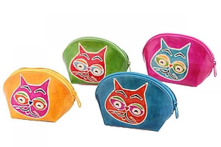 Кошелек под мелочь  ручной принт натуральная кожа "Кошки" уп.4 шт. №16