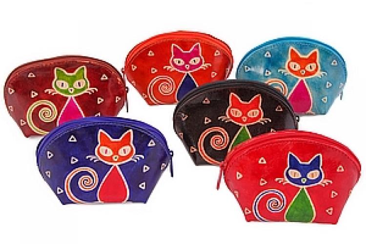 Кошелек под мелочь  ручной принт натуральная кожа "Кошки" уп./6шт №9