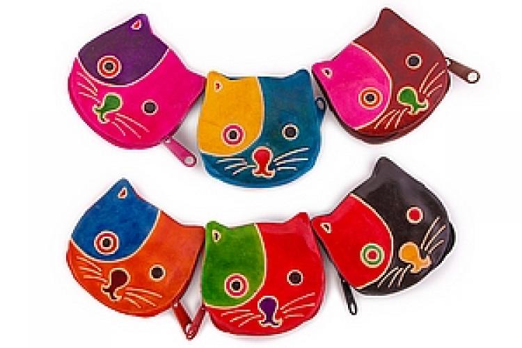 Кошелек под мелочь ручной принт  натуральная кожа "Кошки" уп./6шт №87